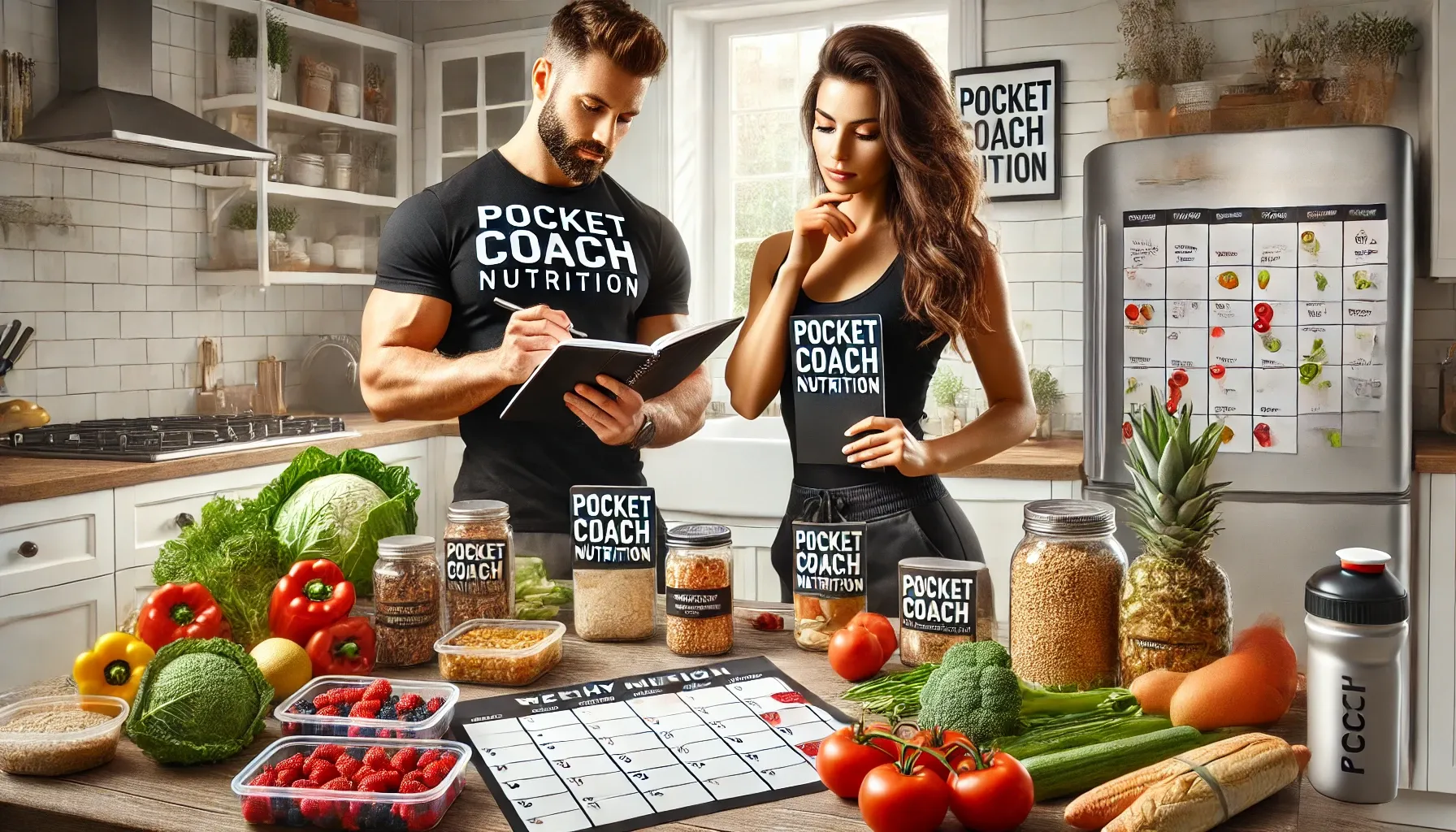 DALL·E 2025-01-21 19.38.33 - A realistic 3_1 horizontal banner image featuring a fit and healthy man and woman in a modern kitchen, planning a healthy weekly menu. They are using .webp