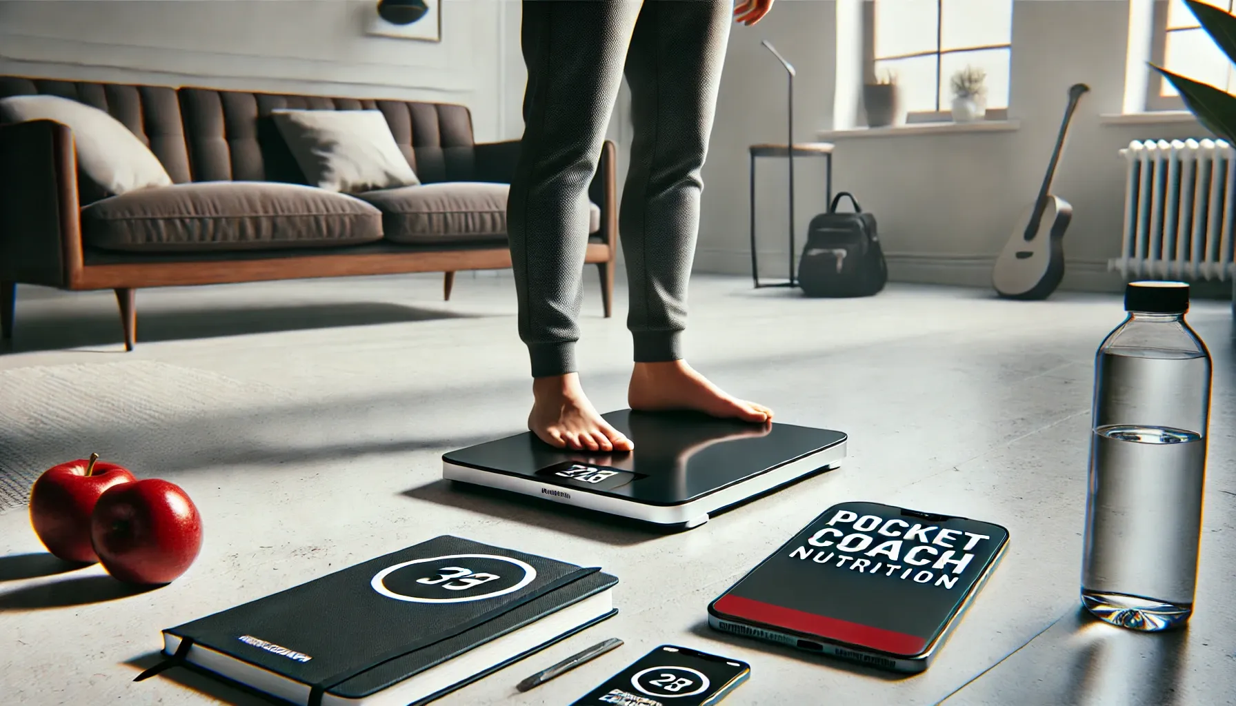 DALL·E 2025-01-23 20.07.50 - A realistic 3_1 horizontal banner image featuring a person standing next to a digital scale in a modern, minimalist home setting. The scale is placed .webp