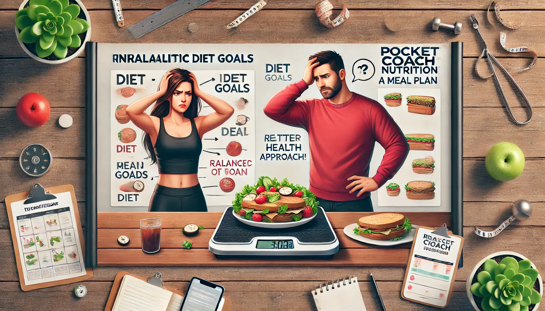 DALL·E 2025-02-04 20.05.55 - A realistic 3_1 horizontal banner image featuring a frustrated woman and man looking at a scale and a meal plan, symbolizing the unrealistic diet goal.webp