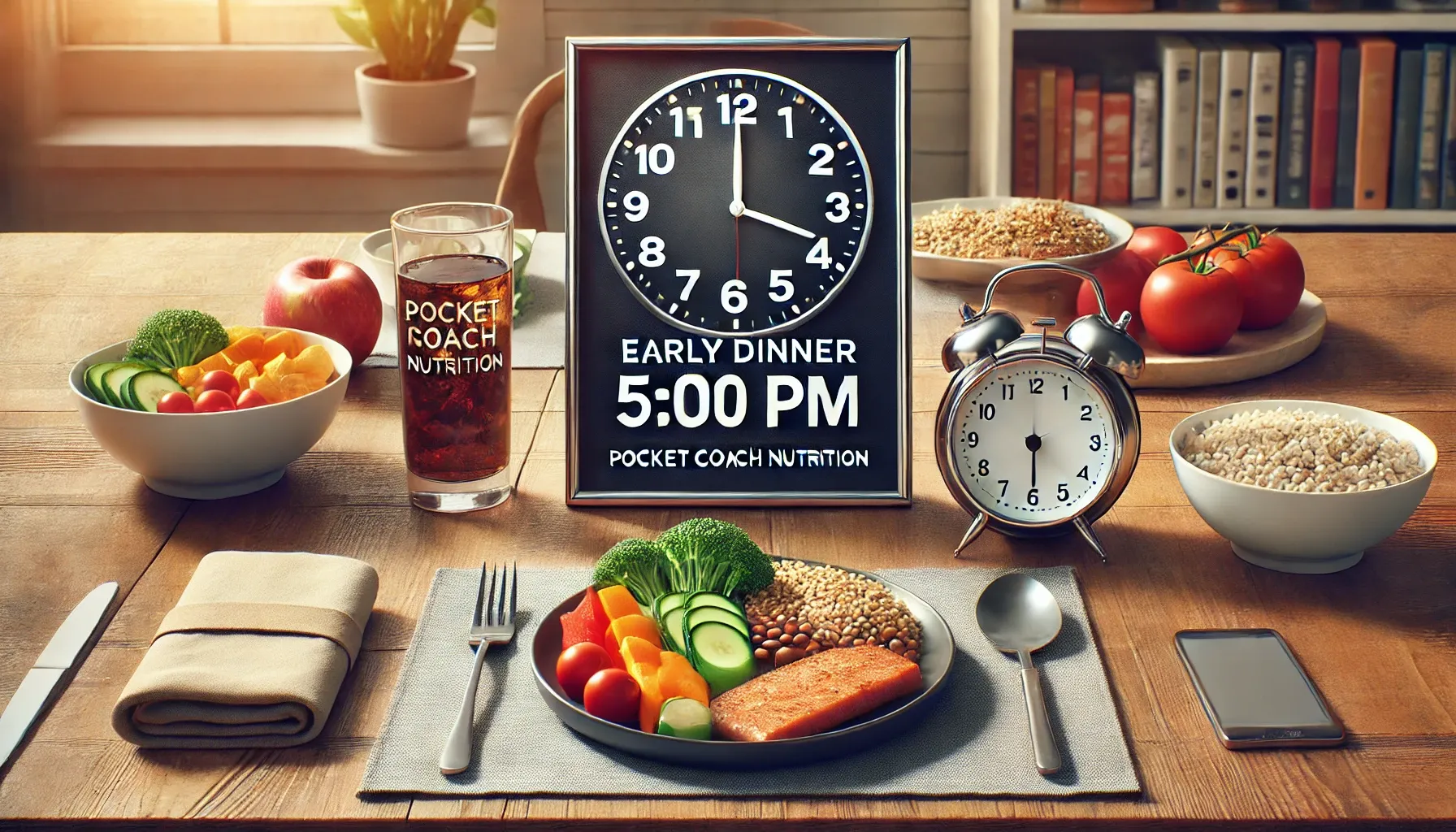 DALL·E 2025-02-05 08.35.02 - A realistic 3_1 horizontal banner image featuring a clock displaying 5_00 PM, symbolizing early dinner or the start of fasting. The clock is placed on.webp