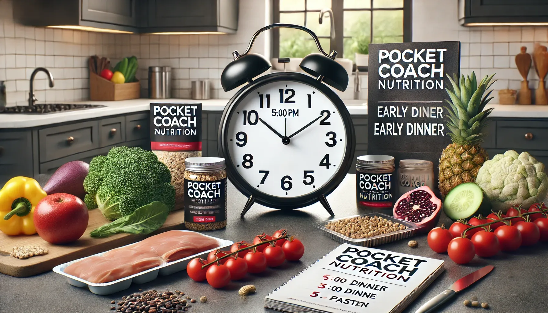 DALL·E 2025-02-05 08.35.05 - A realistic 3_1 horizontal banner image featuring a clock displaying 5_00 PM, symbolizing early dinner or the start of fasting. The clock is placed on.webp