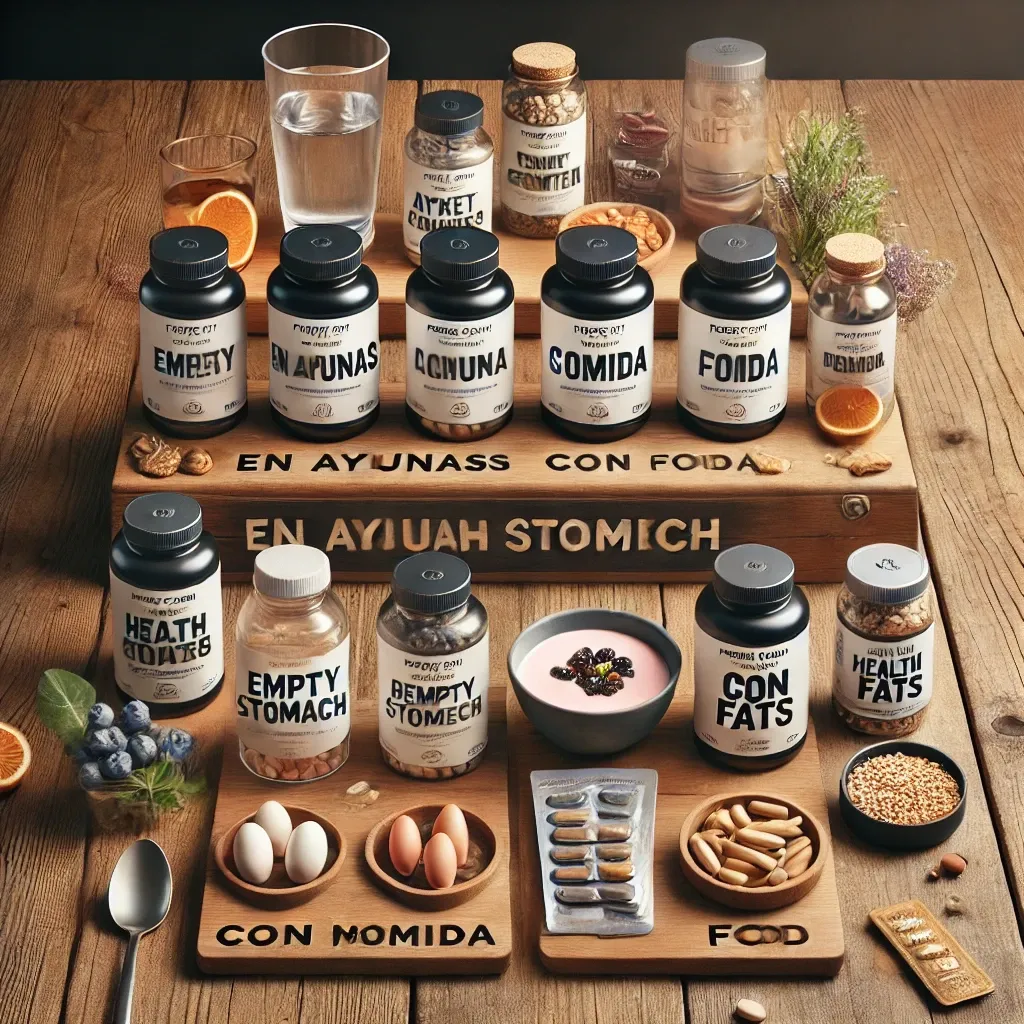 DALL·E 2025-03-04 06.09.50 - A realistic image of a wooden table with various supplements organized into two categories_ 'En ayunas' (On an Empty Stomach) and 'Con comida' (With F.webp