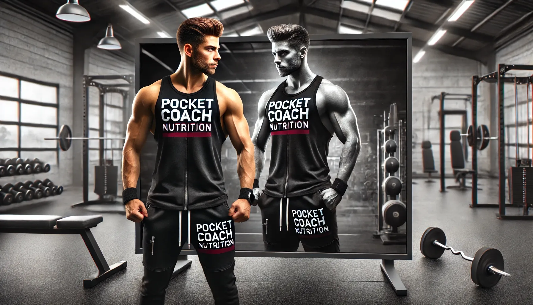 DALL·E 2025-03-10 12.33.46 - A realistic wide banner image featuring a determined individual in a gym, looking at their reflection in the mirror with a confident and focused expre.webp