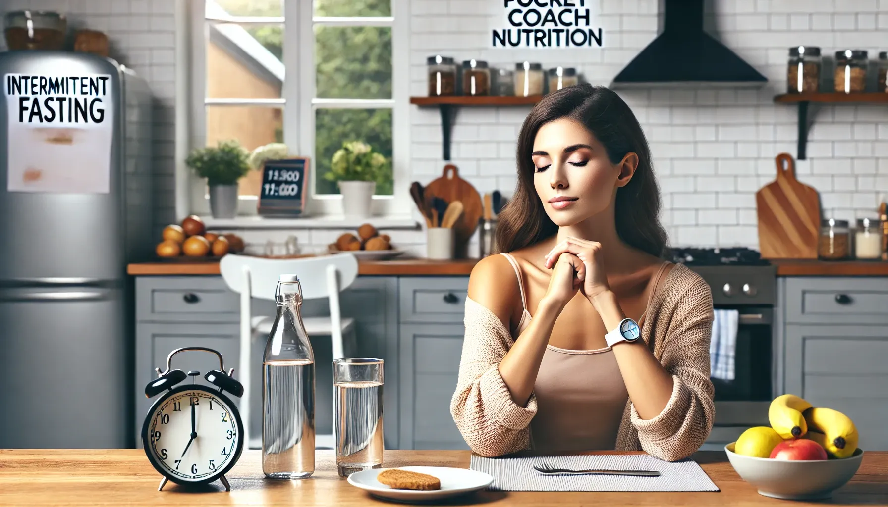 DALL·E 2025-03-24 19.52.30 - A realistic horizontal banner image showing a healthy woman in her 30s sitting calmly at a modern kitchen table, symbolizing intermittent fasting. She.webp