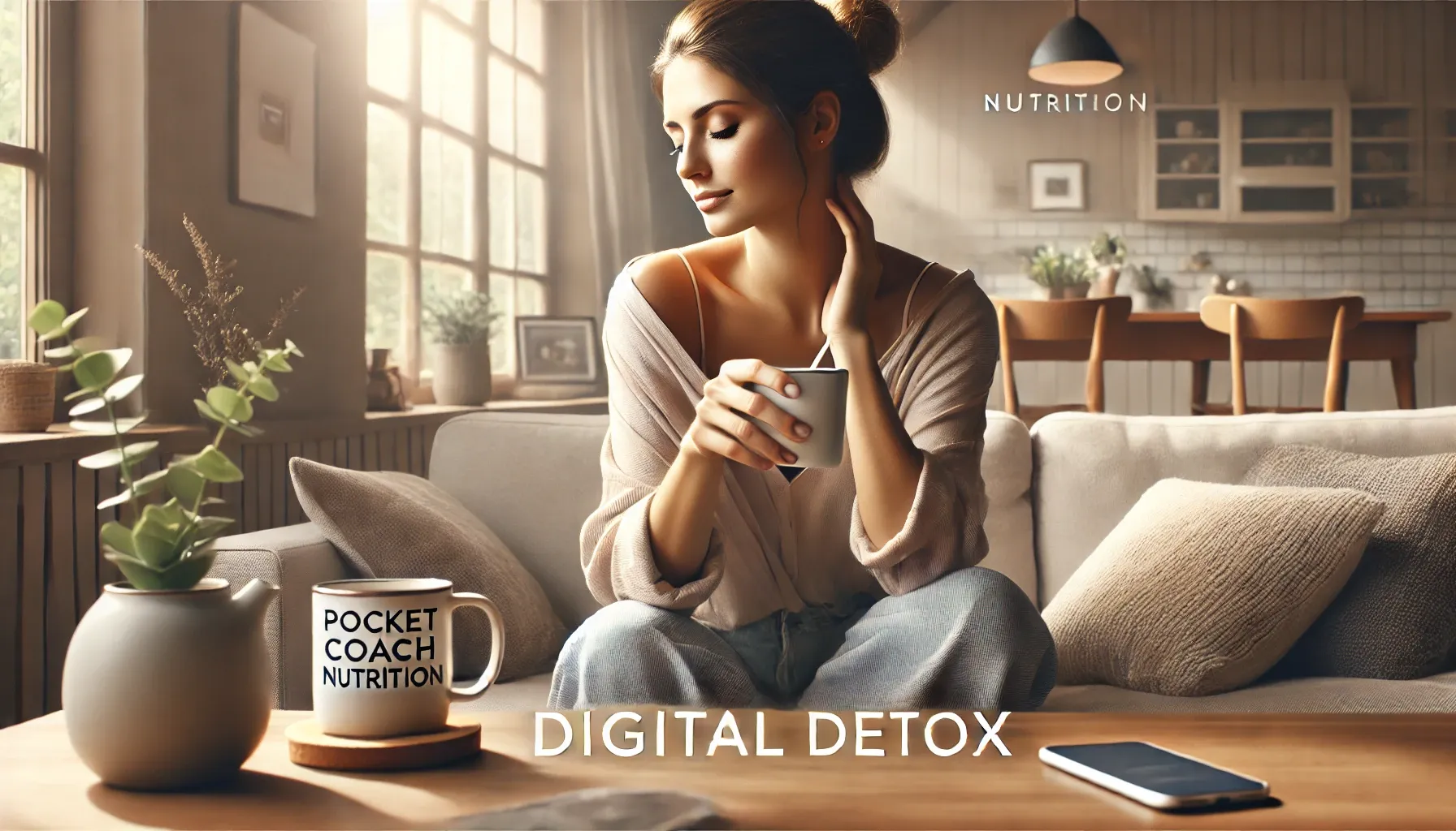 DALL·E 2025-03-24 20.07.03 - A realistic horizontal banner image showing a woman in her 30s practicing digital detox. She is sitting peacefully on a sofa or near a window with nat.webp